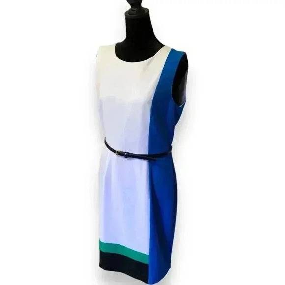 Calvin Klein Colorblock Size 8 Knee Length Black Leather Belted Casual Dress - Picture 14 of 16